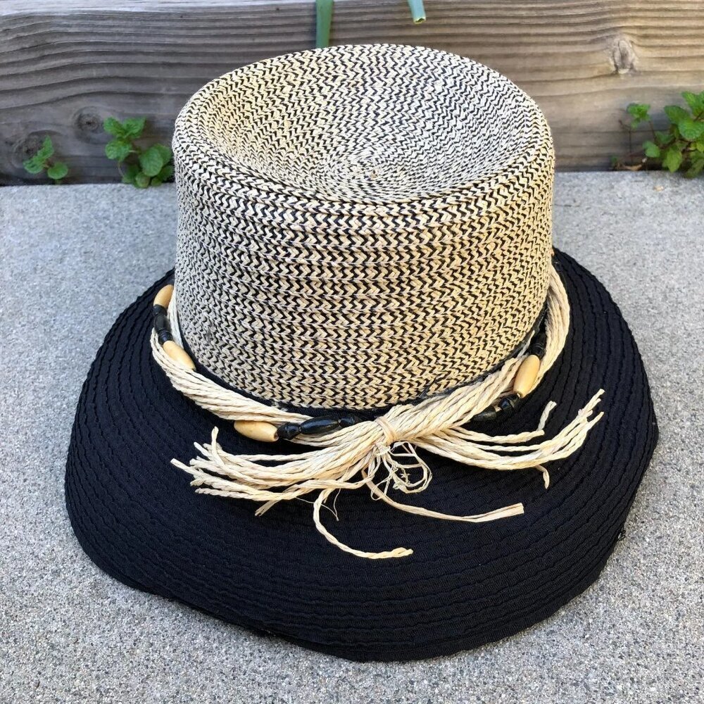 Vintage J HATS Fedora Hat Women's 58cm Woven Cap 100% Paper Wide Brim Beige​​​​
